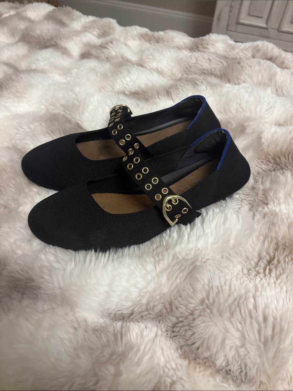 Rothy's Black Knit Mary Jane Flats with Gold Buckle & Eyelets
